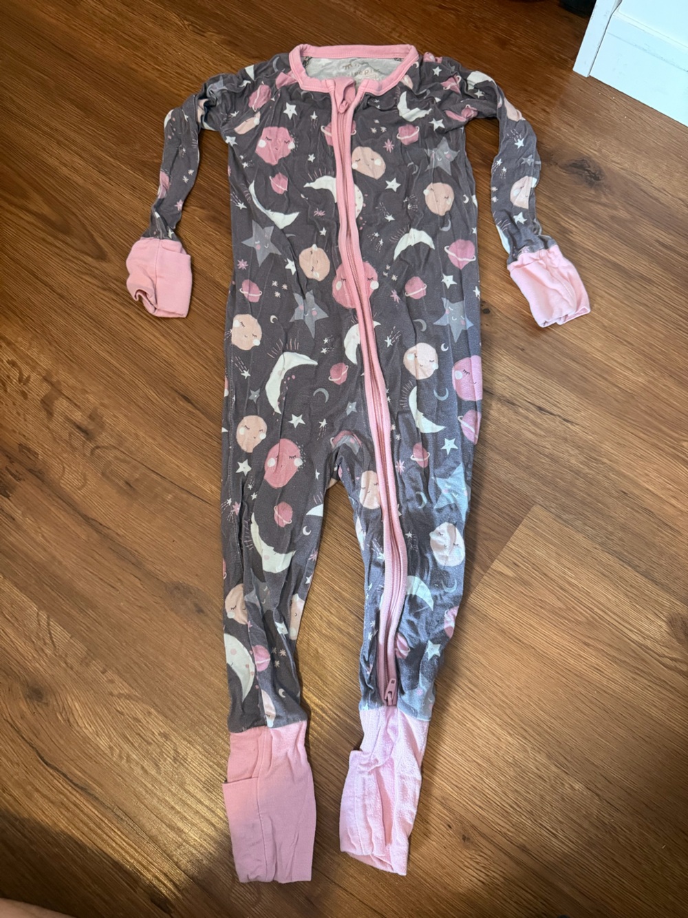 Little Sleepies Gray Moon & Pink Star Zip One-Piece Footie